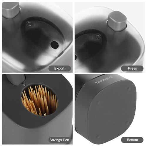 TRTRin Toothpick Dispenser-With Bamboo Wooden Toothpicks [600 Count], Pop-Up Automatic Toothpick Holder Dispenser, for Kitchen Restaurant Sturdy Safe Container Grey toothpick holder.