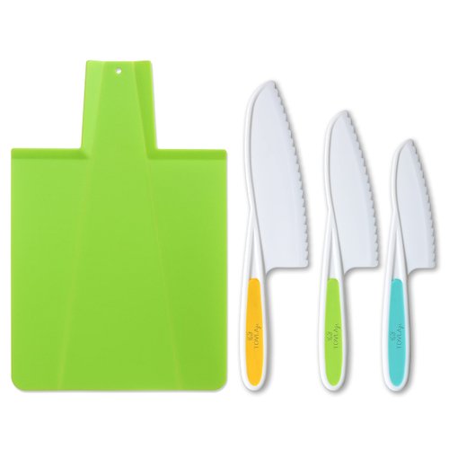 Tovla Jr Kids Kitchen Montessori Knives and Foldable Cutting Board Set: Children's Safety Cooking Knives in 3 Sizes & Colors/Firm Grip, Serrated Edges, BPA-Free Kids' /Safe Lettuce Knives (Green)