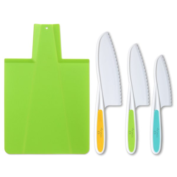 Tovla Jr Kids Kitchen Montessori Knives and Foldable Cutting Board Set: Children's Safety Cooking Knives in 3 Sizes & Colors/Firm Grip, Serrated Edges, BPA-Free Kids' /Safe Lettuce Knives (Green)