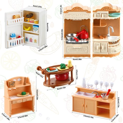 43 Pcs Dollhouse Furniture Kitchen Play Set Miniature Refrigerator with Mini Food Pots and Pans Set Pretend Play Kitchen Accessories Kitchen Toys