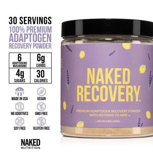 Naked Recovery - Mushroom Supplement Powder - Lions Mane, Cordyceps, Reishi, Tart Cherries, Lemon Balm - Adaptogen Wellness Formula, Stress Relief, Muscle Recovery - 30 Servings