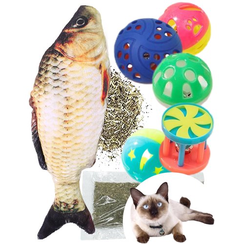 DIYUQISHI Cat Toy Gift Set - 5 Colorful Bell Balls + Fish-Shaped Catnip Toy, Perfect for Interactive Play, Anxiety Relief, Digestion Aid, Exercise, for All Cats