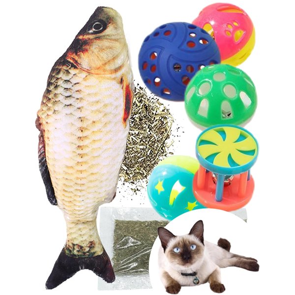 DIYUQISHI Cat Toy Gift Set - 5 Colorful Bell Balls + Fish-Shaped Catnip Toy, Perfect for Interactive Play, Anxiety Relief, Digestion Aid, Exercise, for All Cats