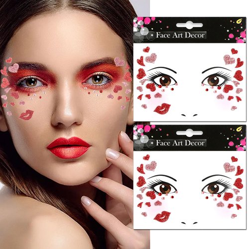 HIFANMM Heart Fake Tattoos Glitter Lip Face Temporary Tattoos Cute Red Pink Hearts Face Jewels Tattoo Stickers for Adults Kids Valentines Day New Year Eye Makeup Kit for Face Decor Supplies 2Pcs