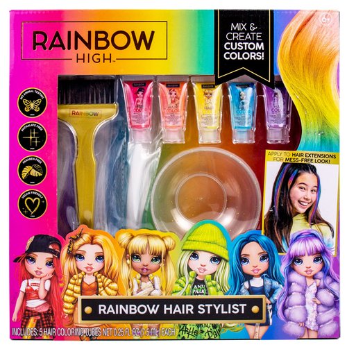 Rainbow High Rainbow Hair Stylist by Horizon Group USA, Includes 5 Vibrant Hair Coloring Gels, 3 Clip-in Extensions for Less-Mess, Mixing Bowl & Brush, Temporary Hair Coloring for Kids