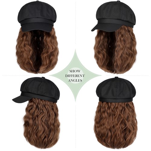 Lansigreen Newsboy Cap with Hair Extensions Short Curly Wavy Bob Hairstyle Wig Hat Beret 8 Panel Attached 14" Synthetic Hairpiece for Women Light Chestnut Brown
