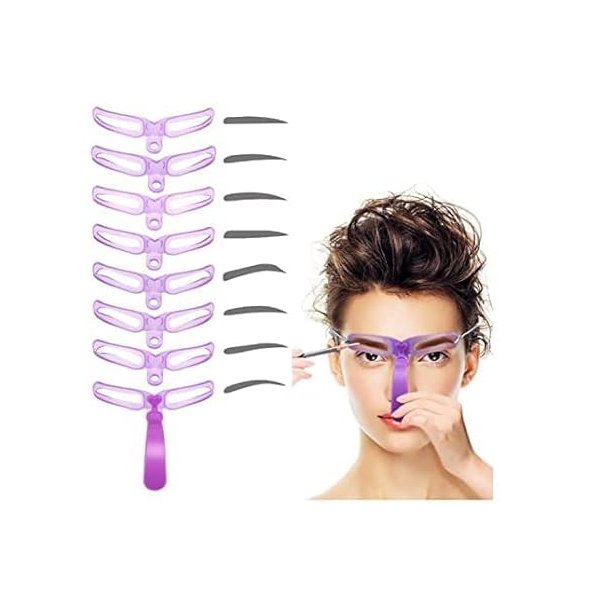 Eyebrow Template，Eyebrow Shaping Kit,8 Styles Reusable Eyebrow Stencil with Handle and Strap, Washable, Pink