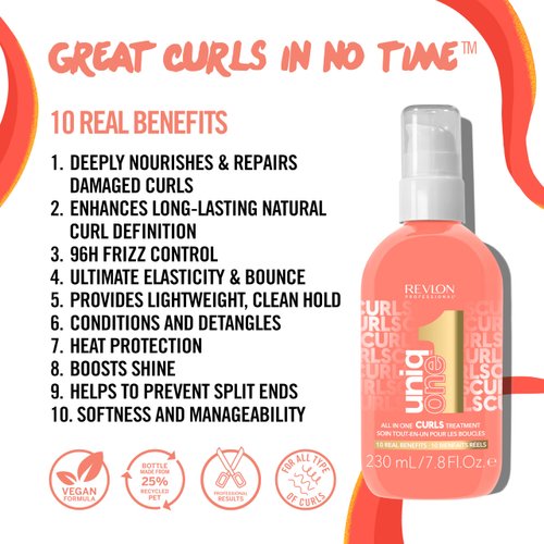 UniqOne Curly Hair Leave-in Treatment – Multi-Benefit Hair Treatment for Curly, Wavy and Coily Hair, 7.8 Fl Oz (Pack of 1)
