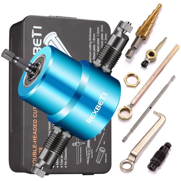 REXBETI Double Head Sheet Nibbler Metal Cutter, Quality Nibbler Drill Attachment for Straight Curve and Circle Cutting, Maximum 14 Gauge Steel