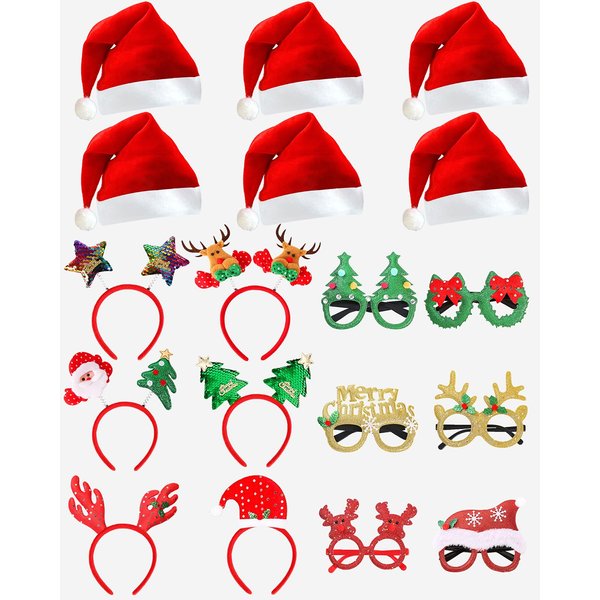 Unistylar Christmas Headwear Headbands and Glasses Set, Christmas Party Favors, Glitter Eyeglasses Headpieces Santa Hats Accessories for Xmas Holiday Kids Party Supplies Decorations,18 PCS