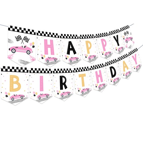 Sursurprise Race Car Birthday Decorations for Girls, Race Car Happy Birthday Banner Pink, Let's Go Racing Birthday Party Supplies