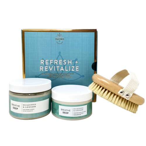 Bath and Body Work Aroma Breathe Deep Eucalyptus & Lavender Refresh + Revitalize 3 Piece Calming Spa Set - Body Scrub - Body Butter - Body Brush - Full Size