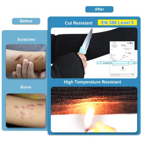 IMENORY Kevlar-Sleeves Arm Protection Sleeves with Thumb Hole, [18" Inch Long, 9"-14" Wide] Safety Arm Guard Cut, Heat Resistant Protective Mechanic Arm Sleeves for Men, Women 1Pair - Black