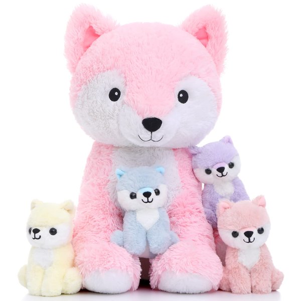 Muiteiur 5-Piece Mommy & Baby Fox Plush Set, Soft Stuffed Animals for Kids, 20-inch Pink, Birthday/Christmas/Valentine's Day Gift