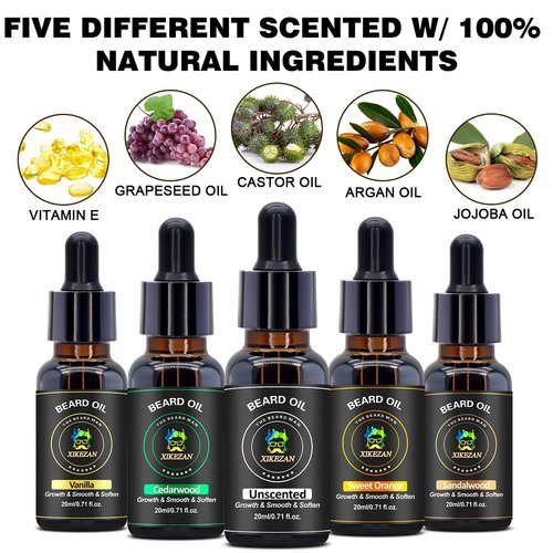 Beard Oil 5 Pack w/Unscented,Cedarwood,Sandalwood,Vanilla,Orange,Christmas Stocking Stuffers Fathers Valentines Day Gifts for Men Him Dad Boyfriend Husband,Beard Growth,Soften,Moisturizing,Strength