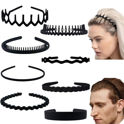 SHEHARUHI 8 Pieces Plastic Hair Band for Women Men Black scrub Wavy Headband with Teeth Non Slip Hairbands for Women's Hair Accessories Comb Headband Matte Black