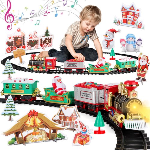 deAO Christmas Classic Train Set for Kids with Headlight, Realistic Sounds, 4 Cars Carriage and10 Tracks,Gift for Christmas Décor Under The Christmas Tree