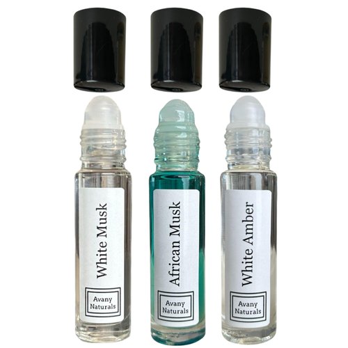 Avany Naturals Set of 3 Unisex Fragrance Body Oil,White Musk, African Musk, Amber Musk, Concentrated Perfume, Alcohol Free Fragrance, Roll On Body Oil (Musk Oil WAA)