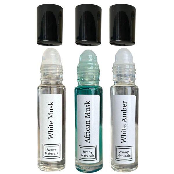 Avany Naturals Set of 3 Unisex Fragrance Body Oil,White Musk, African Musk, Amber Musk, Concentrated Perfume, Alcohol Free Fragrance, Roll On Body Oil (Musk Oil WAA)