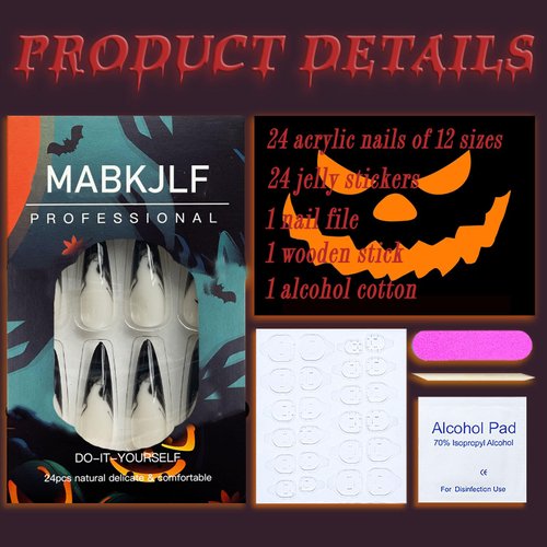 Halloween Press on Nails Long Stiletto MABKJLF French Tip Fake Nails Black Blood Gradient Full Cover False Nails with Moon Designs Glossy Glue on Nails Artificial Nails for Women Girls 24 Pcs