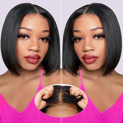 Eyefanniy Glueless Wigs Human Hair Pre Plucked Pre Cut Short Bob Lace Front Wigs for Black Women 4x4 Lace Closure Wig with Elastic Band for Beginners Natural Color 10 Inches