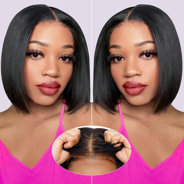 Eyefanniy Glueless Wigs Human Hair Pre Plucked Pre Cut Short Bob Lace Front Wigs for Black Women 4x4 Lace Closure Wig with Elastic Band for Beginners Natural Color 10 Inches