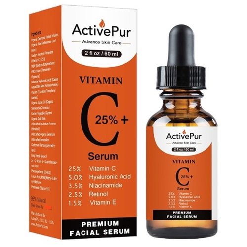 ActivePur 25% Best Vitamin C Serum for Face (2 Oz/60 ml) Vitamin E+B5 Hyaluronic Acid Serum Face Retinol Ferulic Acid Niacinamide Collagen Anti Aging Age Spots Eye circles Vitamin C face Serum