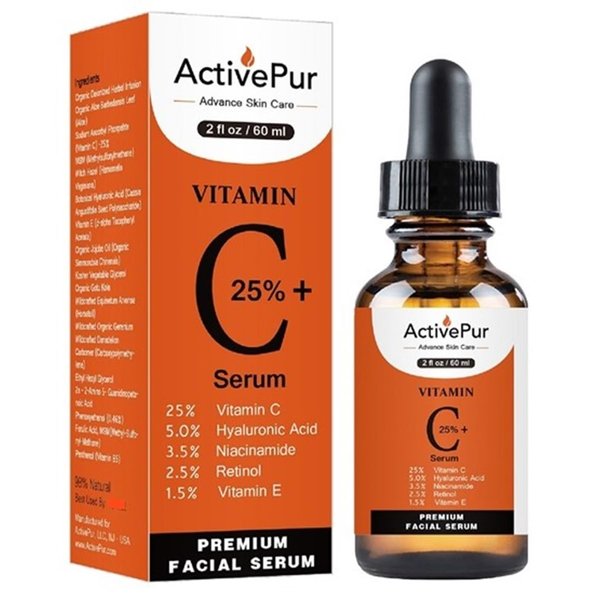 ActivePur 25% Best Vitamin C Serum for Face (2 Oz/60 ml) Vitamin E+B5 Hyaluronic Acid Serum Face Retinol Ferulic Acid Niacinamide Collagen Anti Aging Age Spots Eye circles Vitamin C face Serum