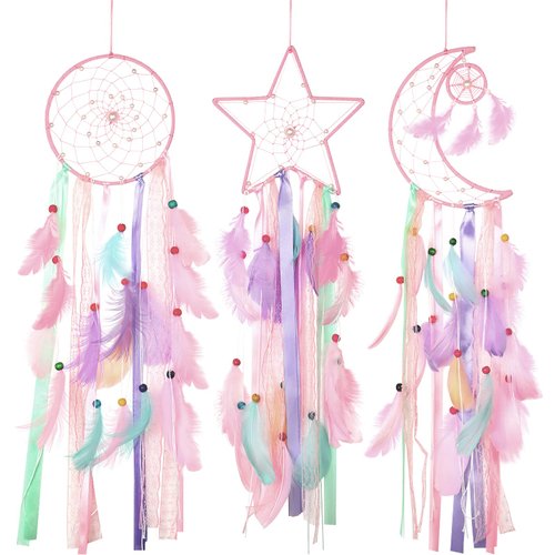 Jetec 3 Pieces Dream Catcher Moon Sun Handmade Traditional Design White for Bedroom Adult Girls Boys Wall Decor Hanging Home Decoration (Macaron Color)