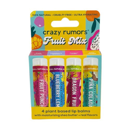 Crazy Rumors Fruit Mix Lip Balm 4-Pack Mix (Fruit Punch, Blueberry Lemon, Dragon Fruit, Piña Colada) 100% Natural, Vegan, Plant-Based, Made in USA