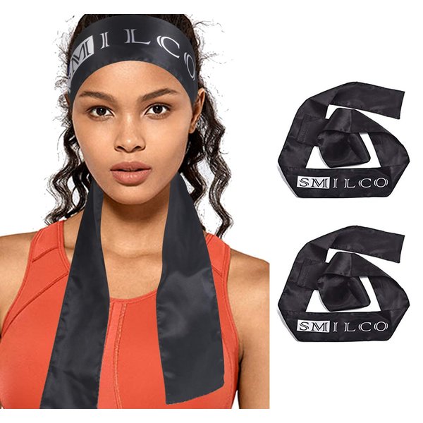 Smilco Black Satin Edge Laying Scarf Wrap for Hair Edge Wrap Wig Grip Band 58 X 3 Inches Edge Control Scarf for Women Lace Frontal Wigs Makeup Facial Sport Yoga (2 Pack, Black)