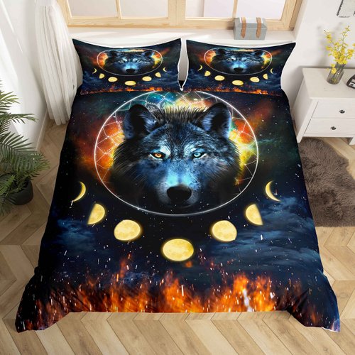 Wolf Comforter Cover Set Full Size, Boys Bedding Set Kids Room Decor Boho Wolf Duvet Cover for Man, Animal Printed Bedspread Cover Soft Galaxy Dreamcatcher Moon Wildlife Quilt Cover 3 Pcs,Blue Yellow