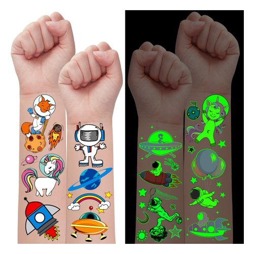 Leesgel Space Theme Birthday Party Favors Supplies, 240pcs Glow Space Kids Temporary Tattoos for Boys, 2 Type Planet Astronaut Rocket Decorations (Luminous + Color Printed)