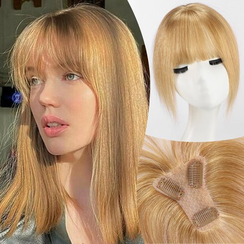 EMMOR 10 Inch Clip in Bangs, 100% Human Hair Bangs Hair Clip with 3 Secure Clips, 360°Cover Top HairPieces with Wispy Fringes for Women enhancing Facial Features(Blonde)