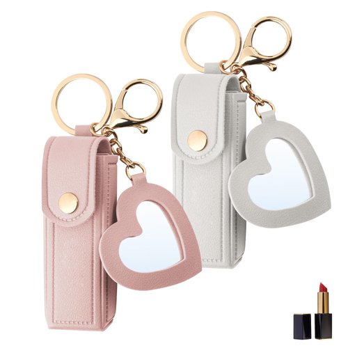 Beautyflier Pack of 2 Lipstick Organizer Keychain Chapstick Case with Mirror for Women, Portable Lipstick Leather Holder Lip Gloss Bag Lip Balm Case for Travel, Party, Holiday Gifts (Pink+White)