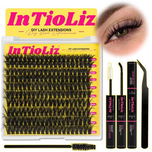 InTioLiz Lash Extension Kit Fluffy Lash Clusters Kit D Curl Thick Cluster Eyelashes Extensions 10-18mm DIY Individual Lashes Natural Eyelash Clusters Kit with Lash Bond and Seal Waterproof(60D-Kit)