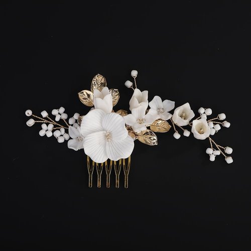 Rumtock Silver Leaf White Flower Hair Comb Women Banquet Wedding Hair Accessories Beads Handmade Jewelry (Gold)
