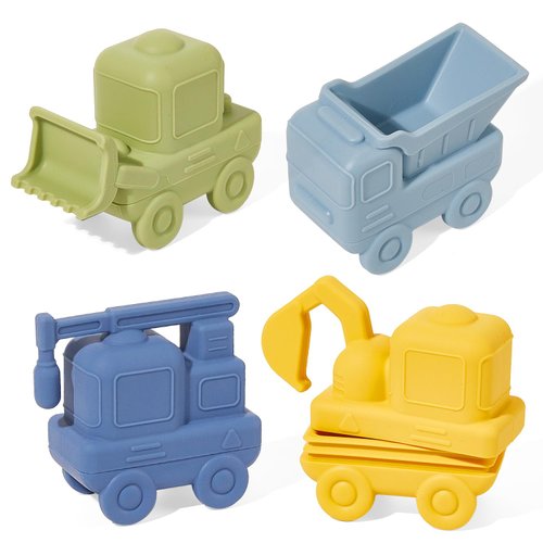 AMCHSURI Construction Bath Toys, 4 Pack Food-Grade Silicone Cars Bath Toys for Babies 6-12 Months Mold Free Toddler Bath Toys for 2-4 Safe and Non Toxic Baby Bathtub Toy Dishwasher Safe, BPA Free