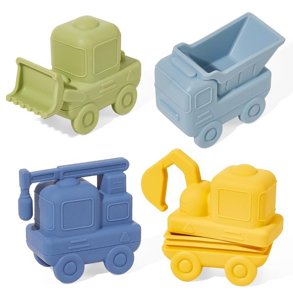 AMCHSURI Construction Bath Toys, 4 Pack Food-Grade Silicone Cars Bath Toys for Babies 6-12 Months Mold Free Toddler Bath Toys for 2-4 Safe and Non Toxic Baby Bathtub Toy Dishwasher Safe, BPA Free