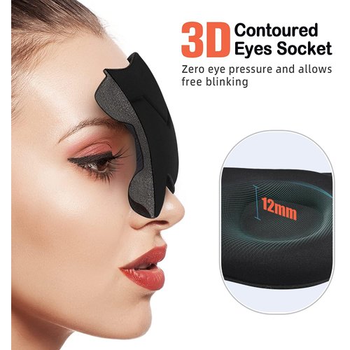 AMAZKER Sleep Eye Mask for Men Women 3D Contoured Cup, Concave Molded, Block Out Light, Molded Soft Comfort Eye Shade with Adjustable Strap for Travel (KT-Black, 1 Count (Pack of 1))