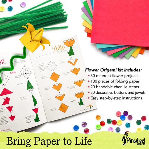 Kids Origami Paper Kit: Girls Multi Color Foldable Paper Sheets For Flowers With Decorative Charms & Accessories - Craft Supplies Set With Instruction Book - Beginner, Intermediate & Advanced