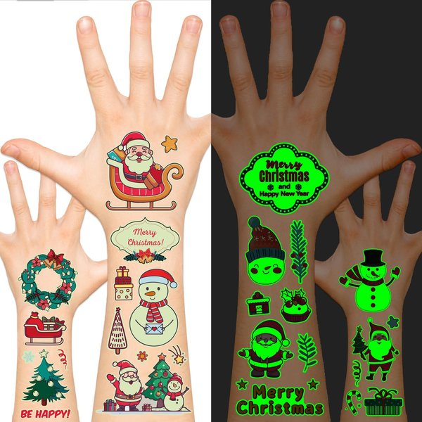EMOME 120 Styles Luminous Christmas Tattoos for Kids Party Supplies, Glows Fake Tattoos for Boys and Girls Christmas Stocking Stuffers, Christmas Tattoo Sticker for Kids Party Favors Goodie Bags
