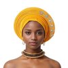 Nigerian Headtie with Stones Female Head Wraps Already Made Auto Gele Head Tie African Turban Cap for Party (Golden)