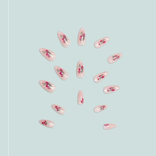 24 Pcs Stiletto Press on Nails Medium Almond Fake Nails with Glue Nude Full Cover False Nails with Pearl Strawberry Pattern Designs Glossy Stick Acrylic False Nail Kit Cute Glue on Nails for Women