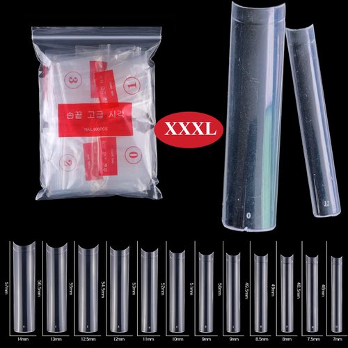 AddFavor 600pcs XXXL Clear Nail Tips Extra Long 3XL Half Cover Straight Square Fake Nails No C Curve Professional Acrylic False Nail Tips for Salons & Home DIY, 12 Sizes