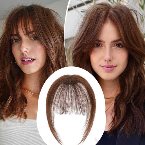 Rich Choices Clip in Bangs #4 Medium Brown Clip on Bangs For Women Bangs Hair Clip Human Hair 360° 3D Cover Air Bangs Clip on Human Hair 8inch Hair Toppers for Women Real Human Hair