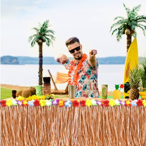 GiftExpress 9 feet X 29" Luau Grass Table Skirt, Hawaiian Luau Libiscus Table Skirt for Hawaiian Party, Luau Party Supplies, Luau Party Decorations, Moana Birthday Party (Natural Hay Grass)