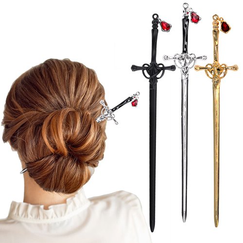 Whaline 3 Pieces Chinese Sword Hair Sticks Metal Sword Hair Pins Stick with Gemstone Pendant Vintage Style Hair Buns Chopsticks Black Silver Gold Color for Women Girls Long Thick Hair Accessories