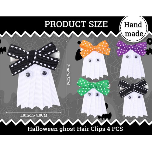 Whaline 4Pcs Halloween Ghost Hair Clips 4 Colors Cute Ghost Bow Style Hairpins Grosgrain Ribbon Handmade Alligator Clips Gift for Halloween Cosplay Party Accessory