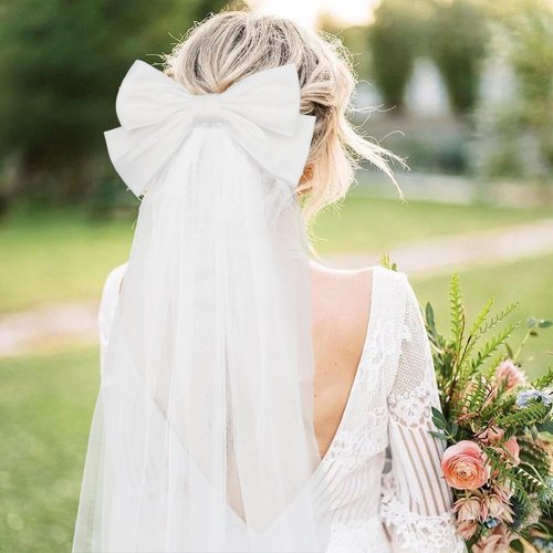 YISSION White Wedding Veil Bow Hair Barrette, Long Bridal Veil Bow Hair Clip, Bow Veil for Bachelorette Party Wedding
